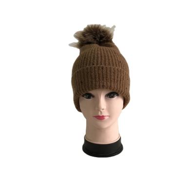 China JOINT hot sale brown pip yarn rib rolled cuff knit hat with faux fur pom pom for sale