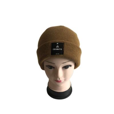 China JOINT Sale Warm Yellow Acrylic Logo Woven Beanies Custom Label Winter Knit Hats for sale