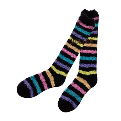 China Antibacterial Women's Fluffy Knee High Bed Socks With Colorful Striped Pattern for sale