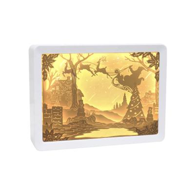 China Europe Christmas Gift Items Wall Decoration Shadow Box Wood Plastic Frames 3d Paper-Cut Light Box for sale