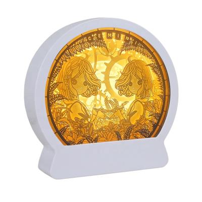 China Gemini Zodiac Style 3D Night Light Box Night Light Plastic Paper Cut Desktop Decoration with Round Plastic Frame for sale