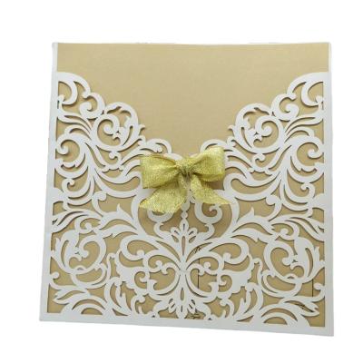 China Luxury Europe Laser Cut Pocket Invitation Wedding Place Card Holders Lace Up Wedding Invitation Card for sale