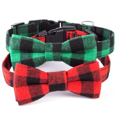 China Viable Detachable Adjustable Soft Christmas Gift Collar Dog Accessories Plaid Bow Tie Red Green Pet Collar for sale