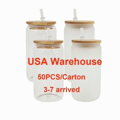 China Mazoho Sustainable USA Warehouse Transparent DIY Sublimation 12/16oz Glass Mugs Can With Bamboo Lid And Straw For Soda, Juice, Coffee, Cocktail for sale