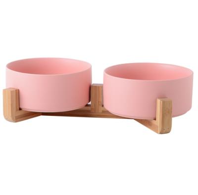 China Non-automatic Wholesale Ceramic Pet Bowls Double Bamboo Stand Pet Bowls for Dogs and Cats for sale