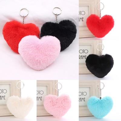 China Cute Heart Shape Pom Pom Keychain Cute Fluffy Faux Rabbit Fur Puff Ball for sale