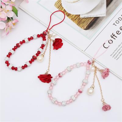 China With Flower Crystal Beads Phone Straps DIY Luxury Handcrafted Bracelet Wrist Anti-lost Short Wrist Phone Strap With Dangling Flowers for sale