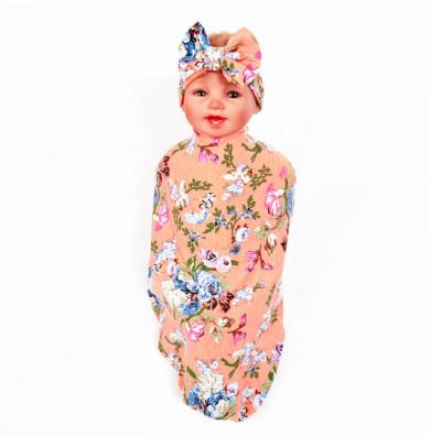 China Popular Wholesale Soft Baby Receiving Blankets Floral Newborn Baby Wrap Blanket And Headband for sale