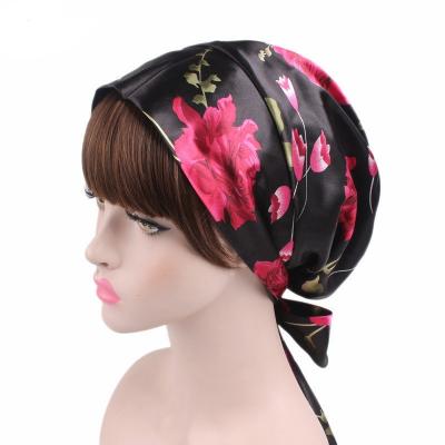 China Satin Women's Satin Headscarf Hair Wrap Hat Long Tail Floral Night Hat for sale