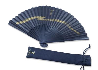 China Folding gold printing Black Handmade Paper Fan Gift Fansionable Design With Fabric Bag for sale