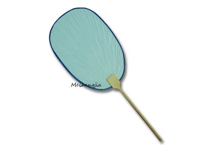 China Oval Shape Paper Folding Hand Fan 17x42cm Long Wood Handle With Offset Printing for sale