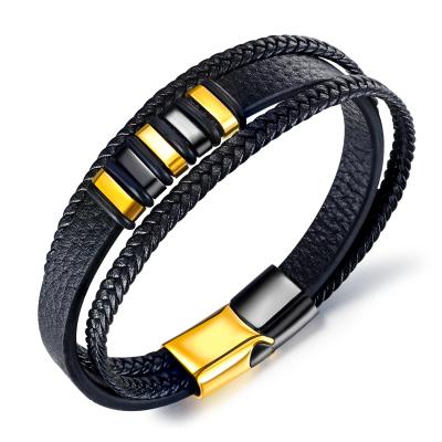 China FASHIONABLE Wholesale Leather Bracelet Men's Titanium Steel Bracelet Multilayer Woven Leather Stainless Steel Jewelry for sale