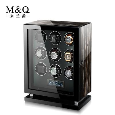 China Handmade Watch Box 9 Slots Watch Case Box Black Wooden Watch Winder With Fingerprint Lock for sale