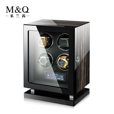 China Custom Black Wooden Watch Winder 4 Slot Schwarze Uhrenbox Handmade Watch Case Box With Fingerprint Lock Display for sale