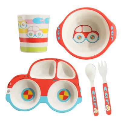 China Cartoon 5 Pcs Food-Safe And Eco-Friendly Bamboo Dinnerware For Kids With Cartoon Car Divider Dish And Bowl Set for sale