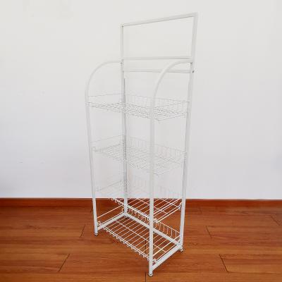 China White Iron Mesh Shelf Display Rack With Display Panels, Single Sided Convenient For Disassembly And Assembly At The Door For Promotional Use for sale