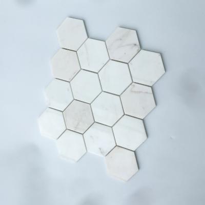 China Cheap mosaic white and beige Carrara hexagon natural marble stone mosaic flooring prices for sale