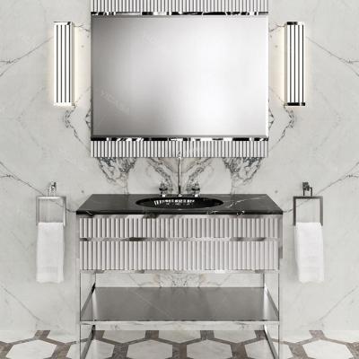 China Modern Silver Stainless Steel Bathroom Cabinet Sink Cabinet With Mirror Smart Small Home Type Can Be Customized for sale