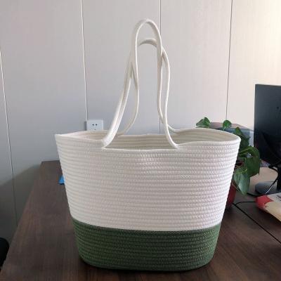 China Lady Fashoion Manufacturer Gray Color Stripe Woven Cotton Rope Beach Tote Bags Large Polyester Storage Basket Handbag for sale