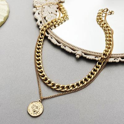 China Hiphop Vintage Coin Chain Multilayer Choker Necklace For Women Gold Silver Color Fashion Portrait Chunky Chain Necklaces Jewelry for sale