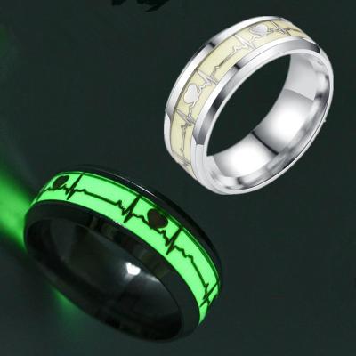 China TRENDY Glow in the Dark Heart Rate Fashion Jewerly Stainless Steel Couple Finger Ring Engagement Wedding Ring Christmas Men Women Gift for sale