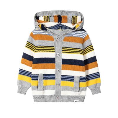 China Anti Shrink Baby Sweater With Hood Pure Cotton Stripe Knit Soft Wash Cut Out Plastic Buttons Baby Coats for sale