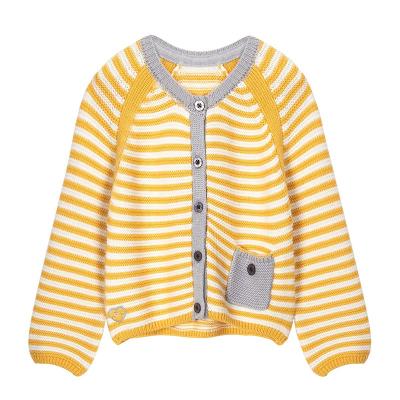 China Baby anti-shrink cardigan reversed stripe knit small pockets flat knit placket heart embroidery baby sweater for sale