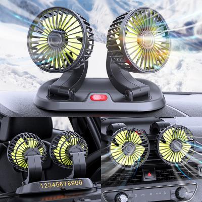 China Easy 360 Swivel Adjustment Hot Selling Car Small Fan 12v Cooling Double Head Adjustable Usb 360 Degree Rotating Car Cooling Fan for sale