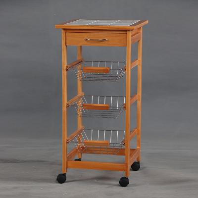 China Environmental Friendly Home Use Honey Pine Wood Kitchen Cart With Tile Countertop for sale