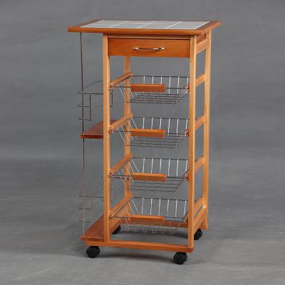 China Environmental Friendly New Wooden Kitchen Platform Vegetable Cart With Tile Worktop for sale