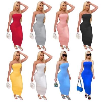 China 2021 Fashion Summer 8 Colors Whtie Breathable Casual Ladies Dress Plus Size Wears Long Plain Bodycon Women Strapless Backless Dresses for sale