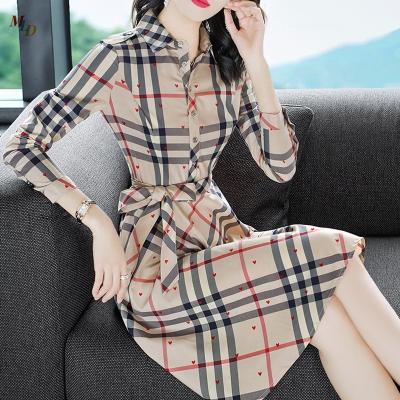 China 2021 Anti-static famous design shirt luxury amazon plaid dresses elegant woman belt summer long sleeve party cotton stripe shirt women dress for sale