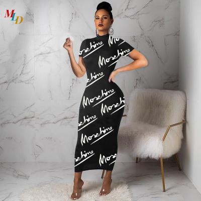 China 2021 Hot Selling Elegant Women Anti-static Maxi Short Sleeve Sexy Lady Bodycon Letter Casual Dress Long Plus Size Girls Casual Outfits for sale