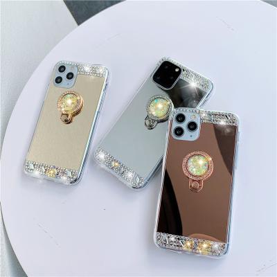 China Light Luxury Diamond Shiny Phone Case With Ring Holder TPU Mirror Glitter Back Cover For iPhone 12 Series for sale