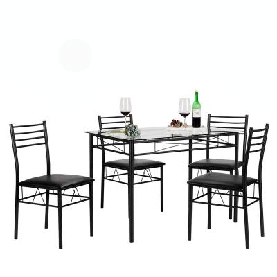 China Custom Size And Color Metal Logo Dining Set Expandable Home Furniture Tempered Glass Dining Table Sets With 4 Chair for sale