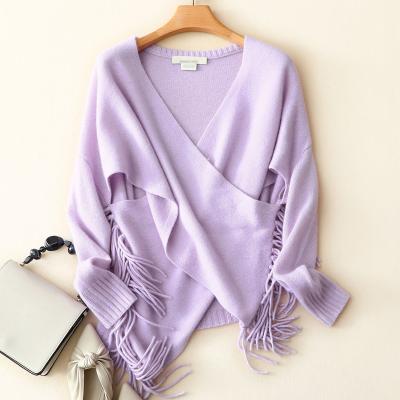 China Wholesale Purple Color Tassel V Neckline Anti-pilling Cashmere Irregular Knitwear for sale