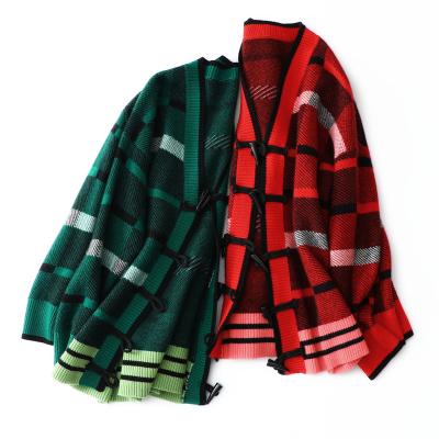 China Popular Anti-wrinkle Style Plaid Pattern Cashmere Cardigan Sweater for sale