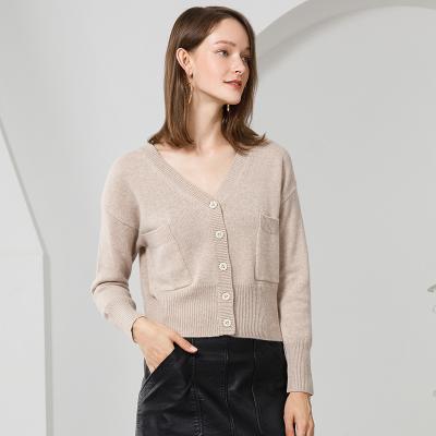 China Ladies Anti-Shrink V-Neckline Autumn Winter Long Sleeve With Buttons Wool Cashmere Shorts Length Cardigan for sale