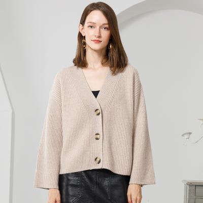 China Fashion Anti-Shrink V-Neck Drop Shoulder Flare Knitting Sleeve With Buttons Cardigan Sweater Women Cashmere Sweater for sale