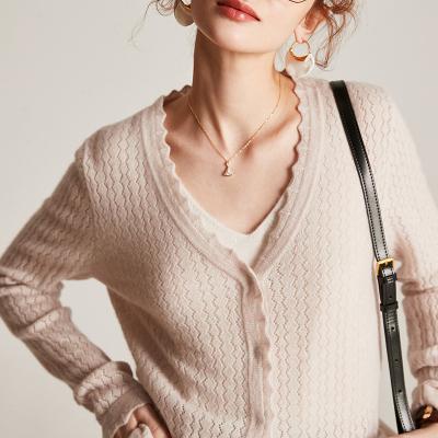 China 2021 Anti-wrinkle woman's summer 100% cashmere knitted slim cardigan with pointelle instructure ruffled edges for sale