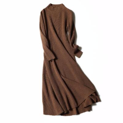 China Lady's Winter Cashmere Fabric Knitting Dress Anti-Static Rib Neck Mock Long Dress for sale