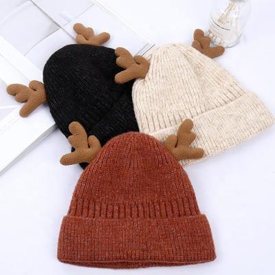 China Autumn Winter Cute Small Antlers COMMON Knitted Warm Woolen Children Beanie Cap Hat for sale