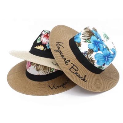 China High Quality Eco-friendly Soft Foldable Beach Sun Straw Cap Hat Letters Roll Big Print for sale