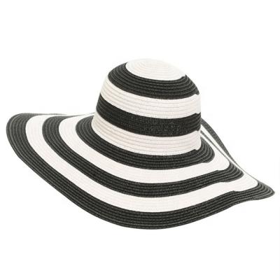 China Image Summer White Stripes Black Wide Brim Sun Proof Straw Cap Hat for sale