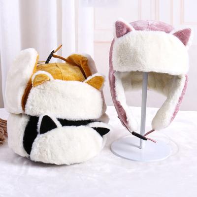 China Warm Sale Cat Ears Outdoor Earmuffs Winter Warm Windproof Trapper Hat Corduroy Waterproof Wholesale for sale