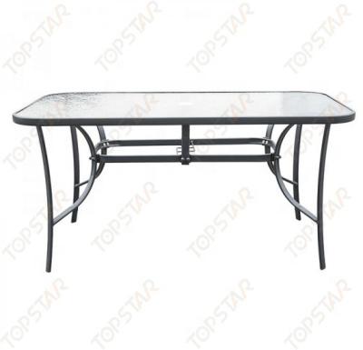 China Rectangular Outdoor Table Metal Tempered Glass Top Outdoor Patio Dining Garden Table With Umbrella Hole for sale