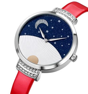 China New 2022 simple day/date fashion women leather starry watch ladies quartz watch with diamonds for sale