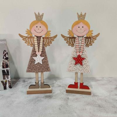 China Europe Christmas Angels Shaped Christmas Decoration Wooden Wood Crafts with Metal Wings and Plush Decor for Party Decorations for sale