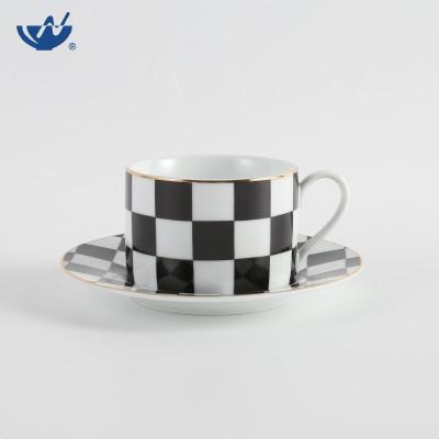 China Viable Checkerboard Grid Espresso Coffee Cup Saucers Porcelain Ceramic Tea Set for sale