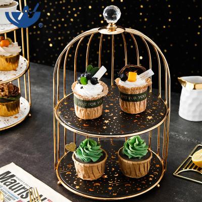 China Huada Viable Creative Wedding Cake Stand Double-Layer Ceramic Dessert Birdcage Form Black Cake Stand for sale